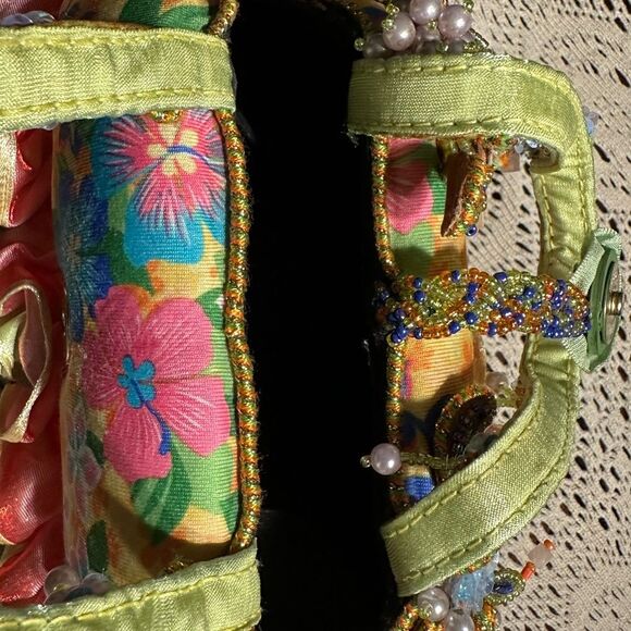 Mary Frances Floral Beaded Ruffled Small Handbag Pink Yellow - Picture 6 of 12